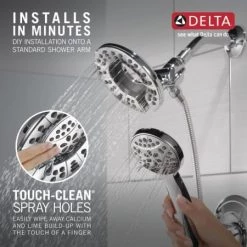 Delta Arvo Pressure Balanced Shower System with Shower Head, Hand Shower, Shower Arm, Hose, and Valve Trim -Delta Faucet Store 142840 I In2itionTouchCleanShower Infographic 1