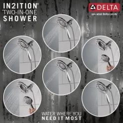 Delta Arvo Pressure Balanced Shower System with Shower Head, Hand Shower, Shower Arm, Hose, and Valve Trim -Delta Faucet Store 142840 I In2ition Infographic