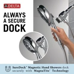 Delta Universal Showering 1.75 GPM Multi Function Hand Shower Package with SureDock Integrated Shower Arm holder - Limited Lifetime Warranty -Delta Faucet Store 54810 PK SureDock Infographic