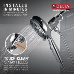 Delta Universal Showering 1.75 GPM Multi Function Hand Shower Package with SureDock Integrated Shower Arm holder - Limited Lifetime Warranty -Delta Faucet Store 54810 PK TouchCleanShowers Infographic