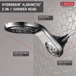 Delta HydroRain Universal Showering Components 2.5 GPM Multi Function Shower Head with Touch-Clean and H2Okinetic Technology -Delta Faucet Store 58581 PK ShoweringSpecs Infographic preview maxWidth 1600 maxHeight 1600