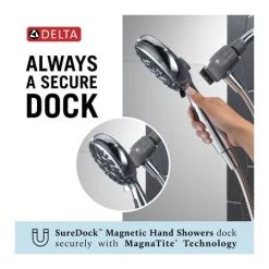 Delta Universal Showering 1.75 GPM 6 Setting Hand Shower Package with SureDock Magnetic Shower Arm holder - Limited Lifetime Warranty -Delta Faucet Store 75609 infograph