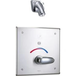 Delta Push Button Hardwire Metering Electronic Shower System with 10" Control Box Pressure Balancing Mixing Valve and Vandal Resistant Single Function Shower Head from the Commercial Series
