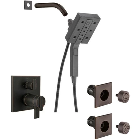 Delta Ara Pressure Balanced Shower System with Shower Head, Shower Arm, Hand Shower, Bodysprays, Hose, Valve Trim and MultiChoice Rough-In 1 Delta Ara Pressure Balanced Shower System with Shower Head, Shower Arm, Hand Shower, Bodysprays, Hose, Valve Trim and MultiChoice Rough-In