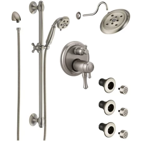 Delta Cassidy Thermostatic Shower System with Shower Head, Shower Arm, Hand Shower, Slide Bar, Bodysprays, Hose, Valve Trim and MultiChoice Rough-In 1 Delta Cassidy Thermostatic Shower System with Shower Head, Shower Arm, Hand Shower, Slide Bar, Bodysprays, Hose, Valve Trim and MultiChoice Rough-In