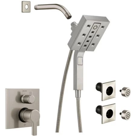 Delta Pivotal Pressure Balanced Shower System with Shower Head, Shower Arm, Hand Shower, Bodysprays, Hose, Valve Trim and MultiChoice Rough-In 1 Delta Pivotal Pressure Balanced Shower System with Shower Head, Shower Arm, Hand Shower, Bodysprays, Hose, Valve Trim and MultiChoice Rough-In