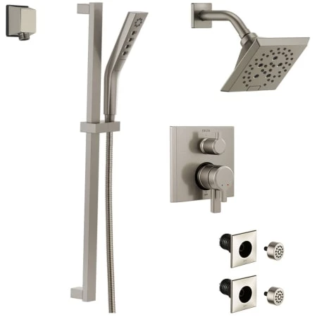 Delta Pivotal Pressure Balanced Shower System with Shower Head, Shower Arm, Hand Shower, Slide Bar, Bodysprays, Hose, Valve Trim and MultiChoice Rough-In 1 Delta Pivotal Pressure Balanced Shower System with Shower Head, Shower Arm, Hand Shower, Slide Bar, Bodysprays, Hose, Valve Trim and MultiChoice Rough-In