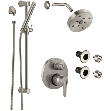 Delta Trinsic Pressure Balanced Shower System with Shower Head, Shower Arm, Hand Shower, Slide Bar, Bodysprays, Hose, Valve Trim and MultiChoice Rough-In 1 Delta Trinsic Pressure Balanced Shower System with Shower Head, Shower Arm, Hand Shower, Slide Bar, Bodysprays, Hose, Valve Trim and MultiChoice Rough-In