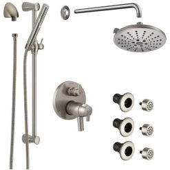 Delta Trinsic Thermostatic Shower System with Shower Head, Shower Arm, Hand Shower, Slide Bar, Bodysprays, Hose, Valve Trim and MultiChoice Rough-In