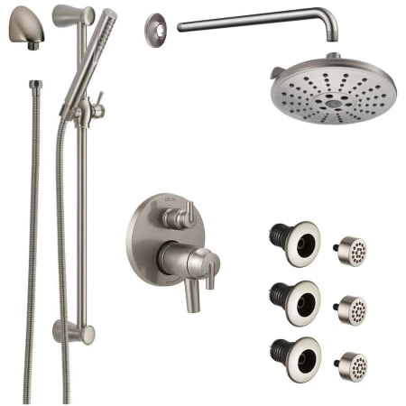 Delta Trinsic Thermostatic Shower System with Shower Head, Shower Arm, Hand Shower, Slide Bar, Bodysprays, Hose, Valve Trim and MultiChoice Rough-In 1 Delta Trinsic Thermostatic Shower System with Shower Head, Shower Arm, Hand Shower, Slide Bar, Bodysprays, Hose, Valve Trim and MultiChoice Rough-In