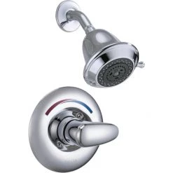 Delta Single Handle Shower Valve Trim with 1.75GPM Multi Function Shower Head and Metal Lever Handle from the Commercial Series