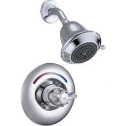 Delta Single Handle Shower Valve Trim with 1.75GPM Multi Function Shower Head and Metal Blade Handle from the Commercial Series
