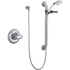 Delta Commercial Single Handle Hand Shower Valve Trim Only with Metal Lever Handle, 24" Combination Grab and Slide Bar, Hand Shower Holder, 69" Brass Double Spiral Hose, Quick Connect Hose Coupler, and Single Function 1.5 GPM Hand Shower