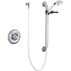 Delta Single Handle Shower Valve Trim Less Shower Head with Metal Blade Handle and Personal Hand Shower with 24" Combination Grab / Slide Bar from the Commercial Series