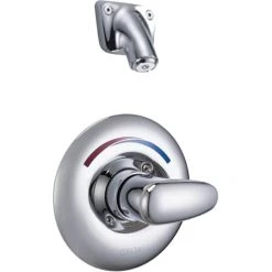 Delta Single Handle Shower Valve Trim with Metal Lever Handle and Vandal Resistant Single Function Shower Head from the Commercial Series