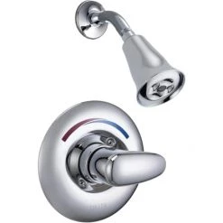 Delta Single Handle Shower Valve Trim with Metal Lever Handle and H2Okinetic Single Function Shower Head from the Commercial Series