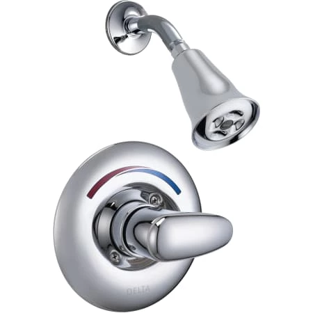 Delta Single Handle Shower Valve Trim with Metal Lever Handle and H2Okinetic Single Function Shower Head from the Commercial Series 1 Delta Single Handle Shower Valve Trim with Metal Lever Handle and H2Okinetic Single Function Shower Head from the Commercial Series