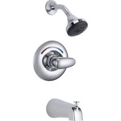 Delta Single Handle Tub and Shower Valve Trim with Metal Lever Handle and 1.5GPM Single Function Shower Head from the Commercial Series