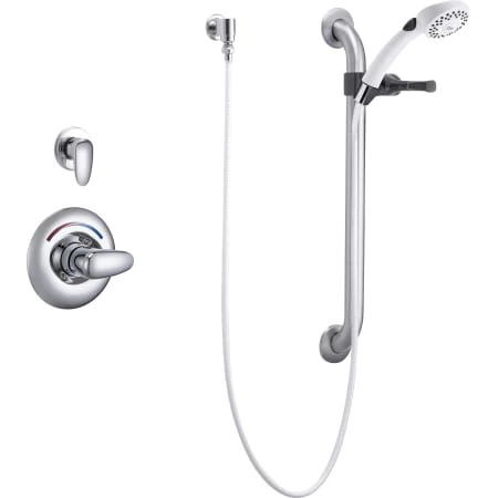 Delta Single Handle Shower Valve Trim with Personal Hand Shower 24" Grab / Slide Bar and Metal Lever Handles Less Shower Head from the Commercial Series 1 Delta Single Handle Shower Valve Trim with Personal Hand Shower 24" Grab / Slide Bar and Metal Lever Handles Less Shower Head from the Commercial Series