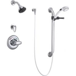 Delta Single Handle Shower Valve Trim with 1.5GPM Single Function Shower Head Personal Hand Shower 24" Grab / Slide Bar and Metal Lever Handles from the Commercial Series