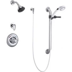 Delta Single Handle Shower Valve Trim with 1.5GPM Single Function Shower Head Personal Hand Shower 24" Grab / Slide Bar and Metal Blade Handles from the Commercial Series