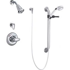 Delta Single Handle Shower Valve Trim with H2OKinetic Single Function Shower Head Personal Hand Shower 24" Grab / Slide Bar and Metal Lever Handles from the Commercial Series