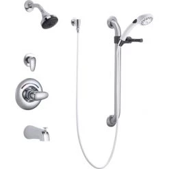 Delta Single Handle Tub and Shower Valve Trim with 1.5GPM Single Function Shower Head 24" Grab / Slide Bar and Metal Lever Handle from the Commercial Series