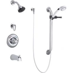 Delta Single Handle Tub and Shower Valve Trim with 1.5GPM Single Function Shower Head 24" Grab / Slide Bar and Metal Blade Handle from the Commercial Series