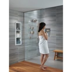 Delta Tesla Monitor 17 Series Dual Function Pressure Balanced Shower Only with Integrated Volume Control - Less Rough-In Valve -Delta Faucet Store delta t17252 installed shower in use in brilliance stainless 19