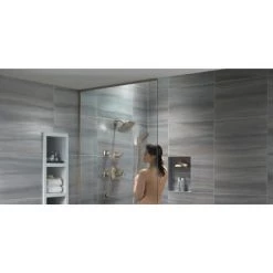 Delta Tesla Monitor 17 Series Dual Function Pressure Balanced Shower Only with Integrated Volume Control - Less Rough-In Valve -Delta Faucet Store delta t17252 installed shower in use in brilliance stainless 20