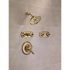 Delta Linden Monitor 17 Series Dual Function Pressure Balanced Shower Only with Integrated Volume Control - Less Rough-In Valve -Delta Faucet Store delta t17294 installed shower system in champagne bronze 355