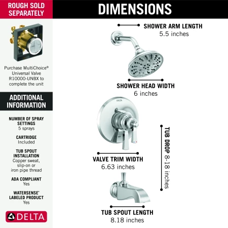 Delta Dorval Monitor 17 Series Dual Function Pressure Balanced Tub and Shower with Integrated Volume Control - Less Rough-In Valve 2 Delta Dorval Monitor 17 Series Dual Function Pressure Balanced Tub and Shower with Integrated Volume Control - Less Rough-In Valve - Image 2