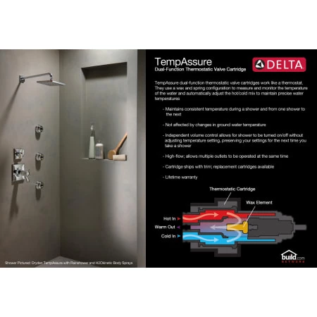 Delta Lahara TempAssure 17T Series Dual Function Thermostatic Mixing Valve Trim Only with Integrated Volume Control - Less Rough-In Valve 3 Delta Lahara TempAssure 17T Series Dual Function Thermostatic Mixing Valve Trim Only with Integrated Volume Control - Less Rough-In Valve - Image 3