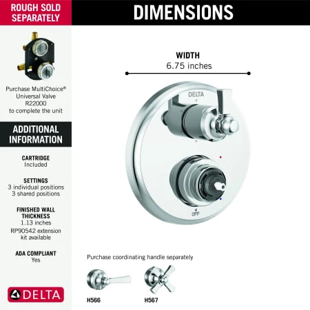 Delta Dorval 14 Series Pressure Balanced Valve Trim with Integrated 6 Function Diverter for Three Shower Applications - Less Rough-In and Handles 2 Delta Dorval 14 Series Pressure Balanced Valve Trim with Integrated 6 Function Diverter for Three Shower Applications - Less Rough-In and Handles - Image 2