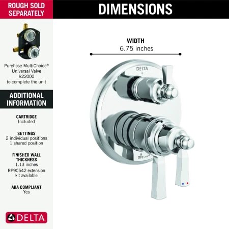 Delta Dorval 17T Series Thermostatic Valve Trim with Integrated Volume Control and 3 Function Diverter for Two Shower Applications - Less Rough-In 2 Delta Dorval 17T Series Thermostatic Valve Trim with Integrated Volume Control and 3 Function Diverter for Two Shower Applications - Less Rough-In - Image 2